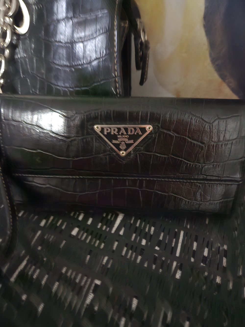 Prada Black Croc-Embossed Tote with Triangle Logo Plaque - Picture 2 of 4